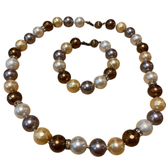 Multicolored Costume Freshwater Pearl Necklace Bracelet Set Clear Rhinestones - Picture 2 of 10